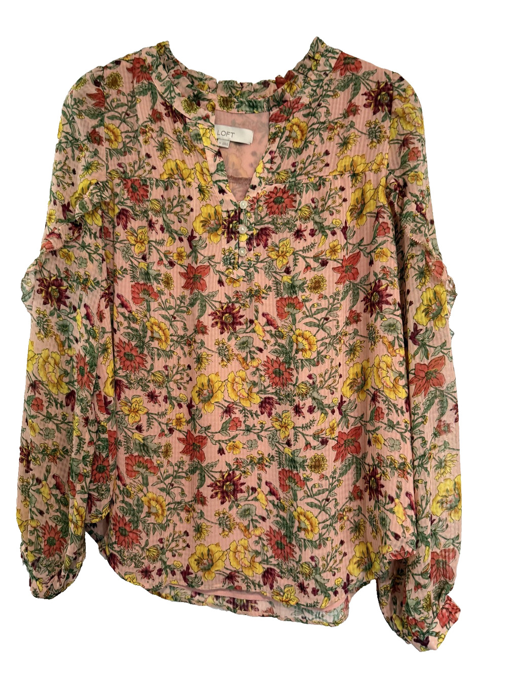 Loft Floral Blouse Sheer Sleeve Women's Size M Lined Cottagecore Garden Office